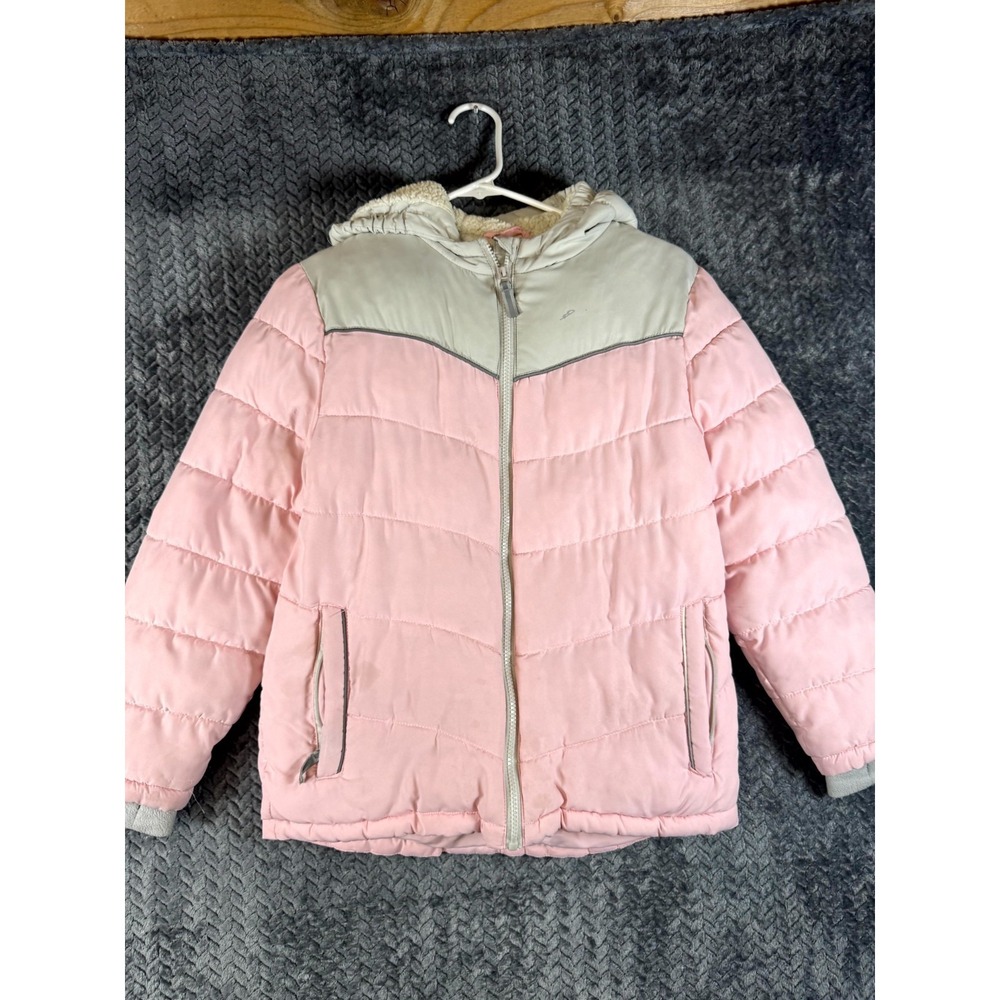 Eddie Bauer Puffer Jacket Girls L(12-14) Pink Colorblock Sherpa Hooded Full Zip
